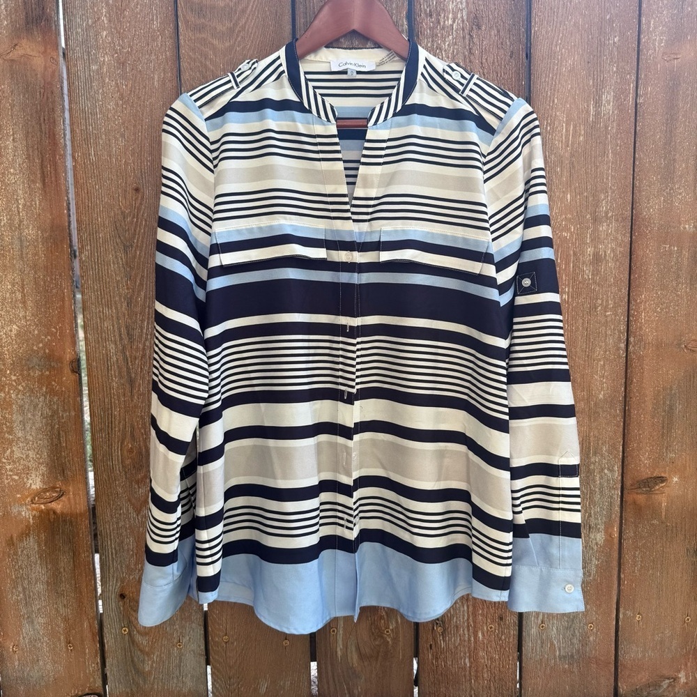 CALVIN KLEIN Women’s Navy Cream Striped Crew Neck Long Sleeve Shirt Size Small